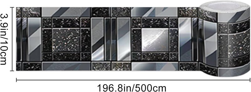 IVN Wallpaper Border Peel and Stick Wall Black and Silver Mosaic Decorative Wall Trim Self Adhesive Border for Walls Mirror Frame Accent Strip for Bedroom Kitchen LivingRoom 4x196 Inch - Image 3